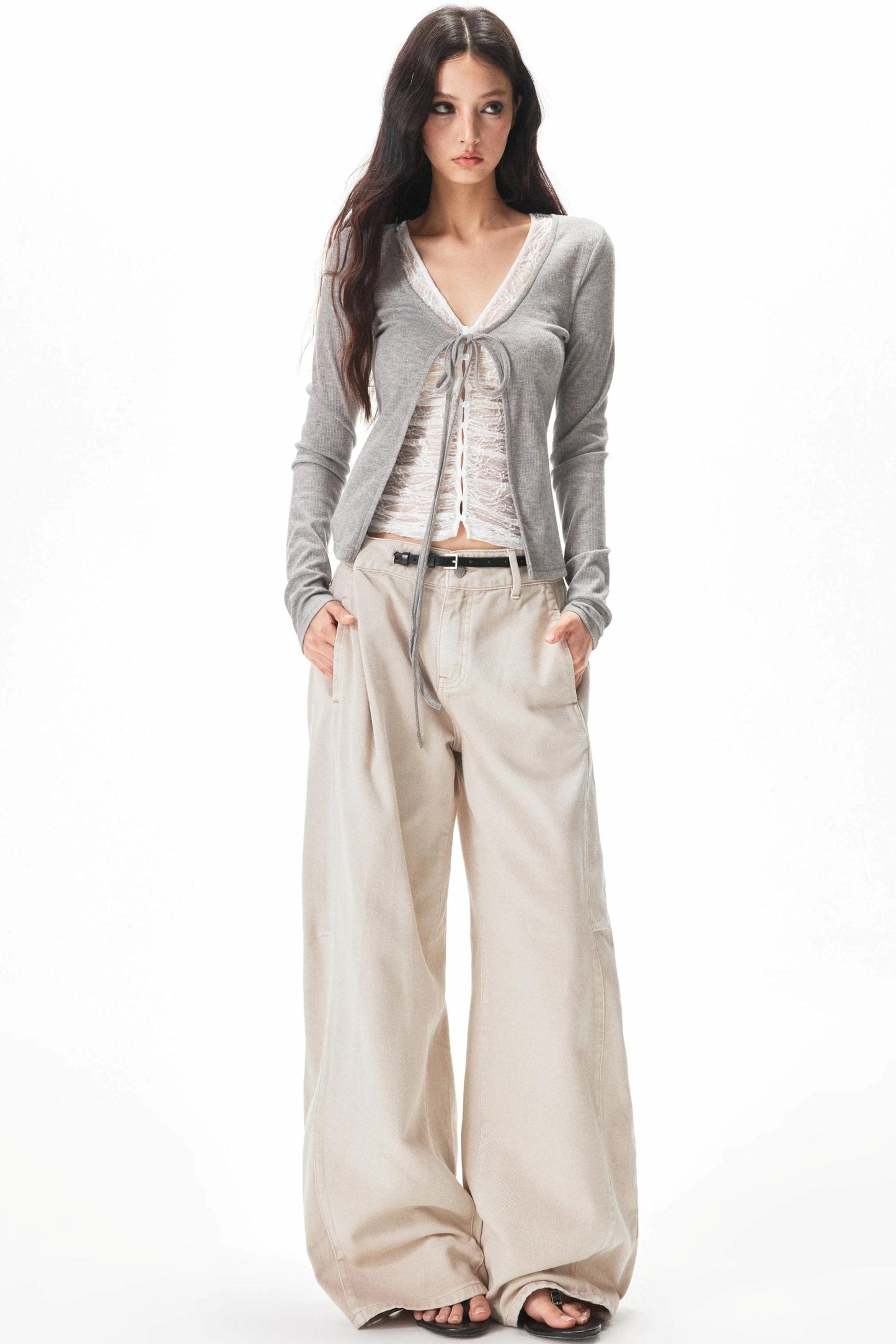 Fine Ribbed Knit Lace Blouse