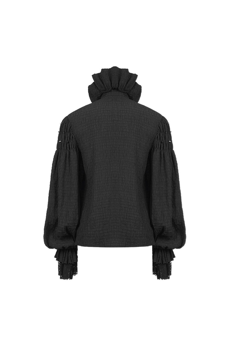 Black High Collar Chiffon Chest Frilly Beading Long Sleeve Lace Cuff Gothic Shirt