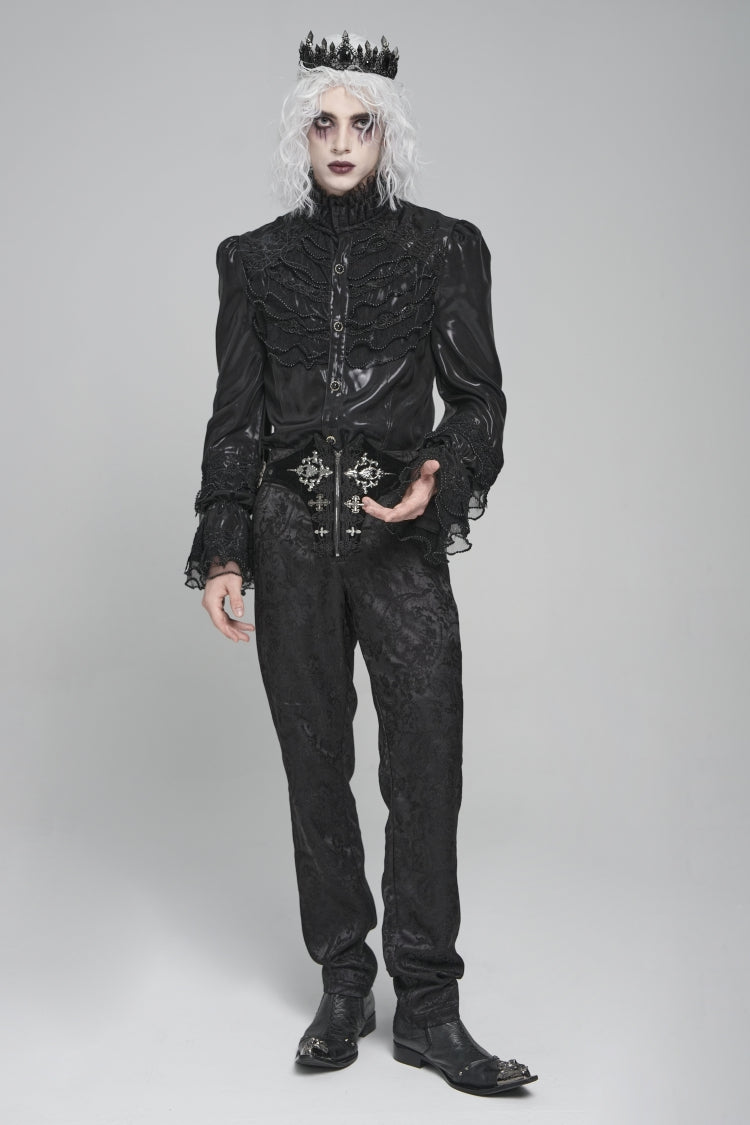 Black Stand Collar Long Puff Sleeves Embroidery Stitching Lace Gothic Blouse