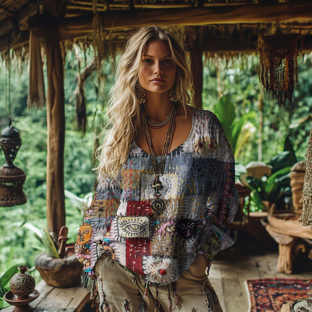 Retro Bohemian Resort Patchwork Art Print Cotton And Linen Blend Loose Blouse elevenforest