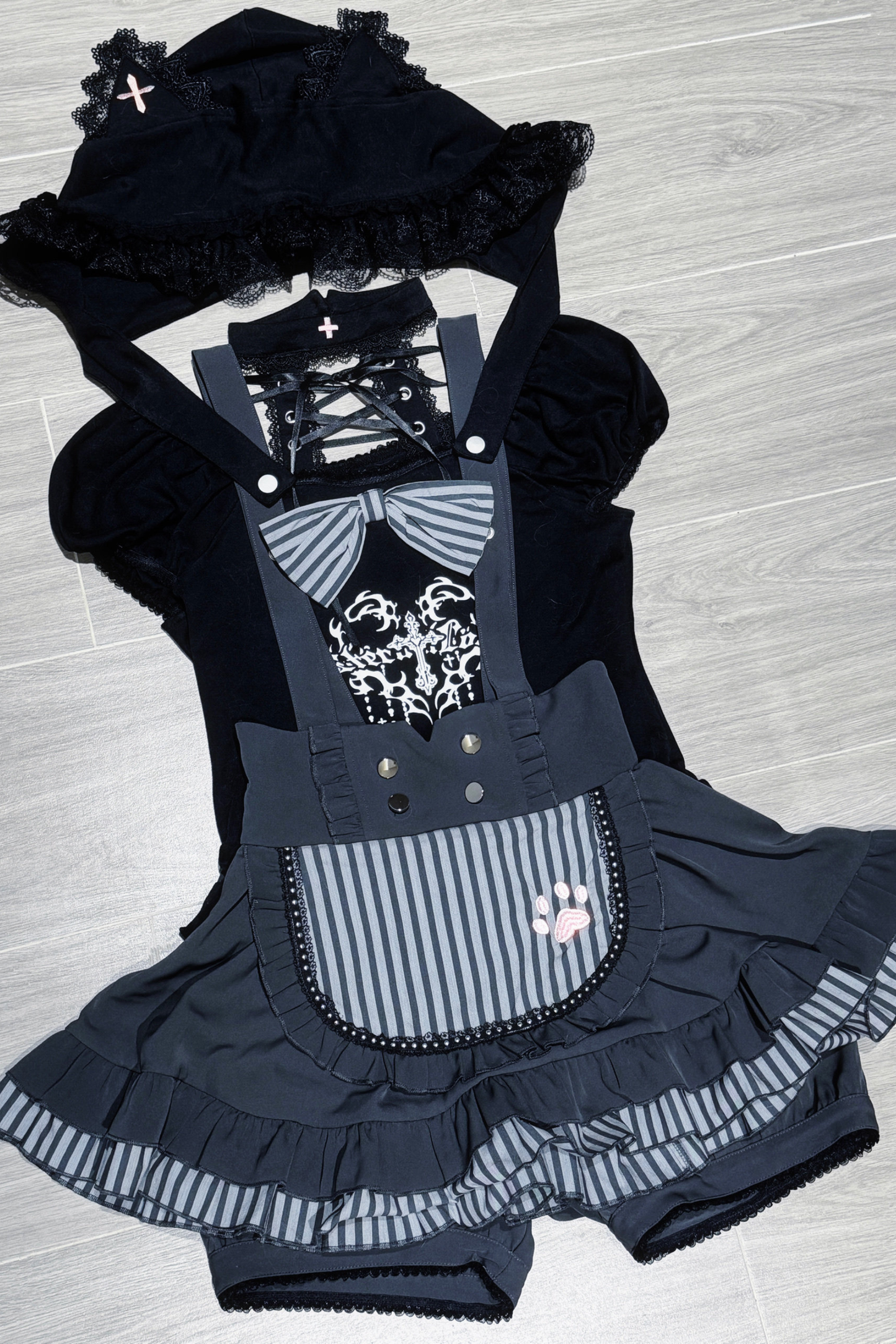 Cat Puff Sleeve Top + Suspender Skirt + Pants + Hat