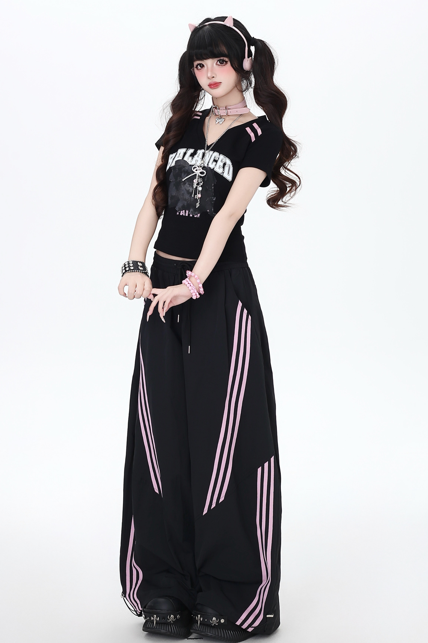 Hot Girl V Neck Black and Pink Top