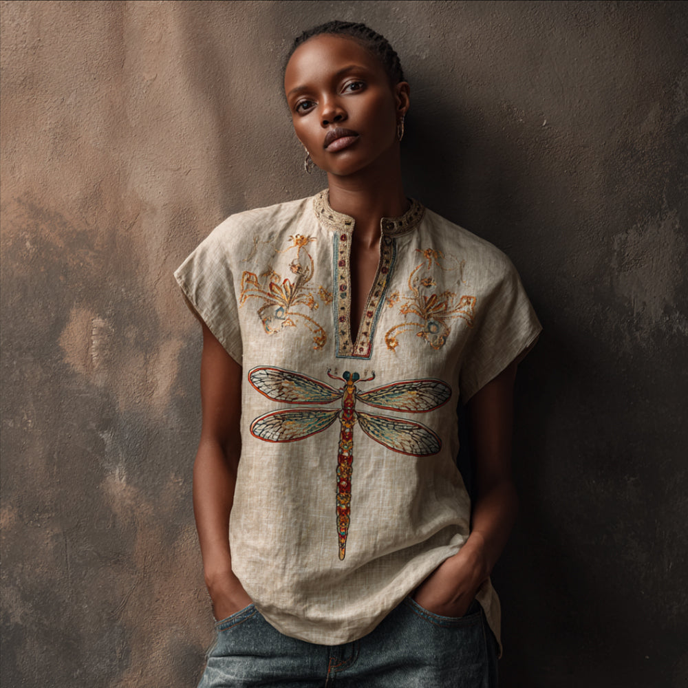 Dragonfly Pattern Vintage V-neck Short-sleeved Shirt elevenforest