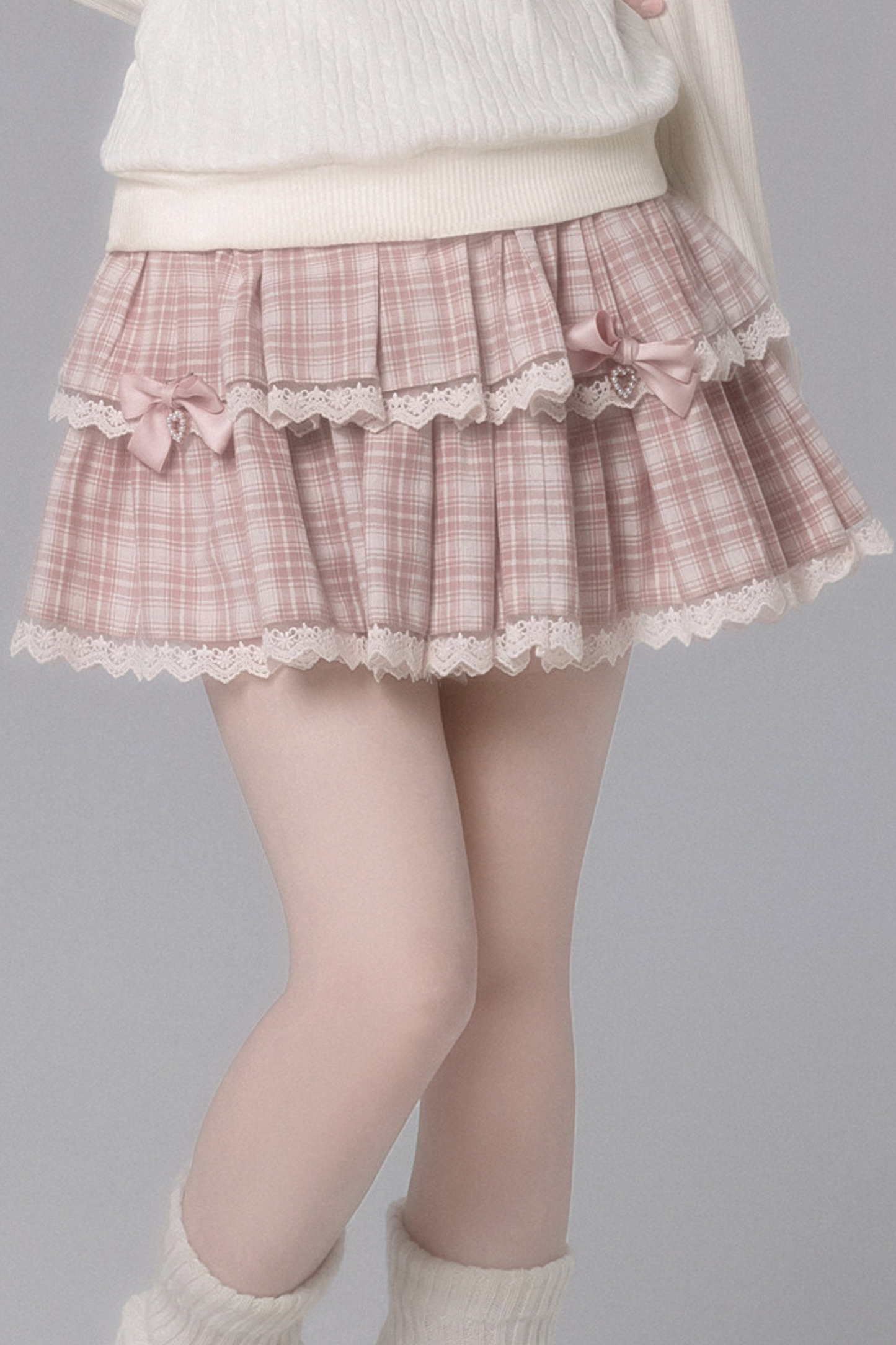 Sweet Off Shoulder Knit Top + Checkered Skirt + Bow Tie