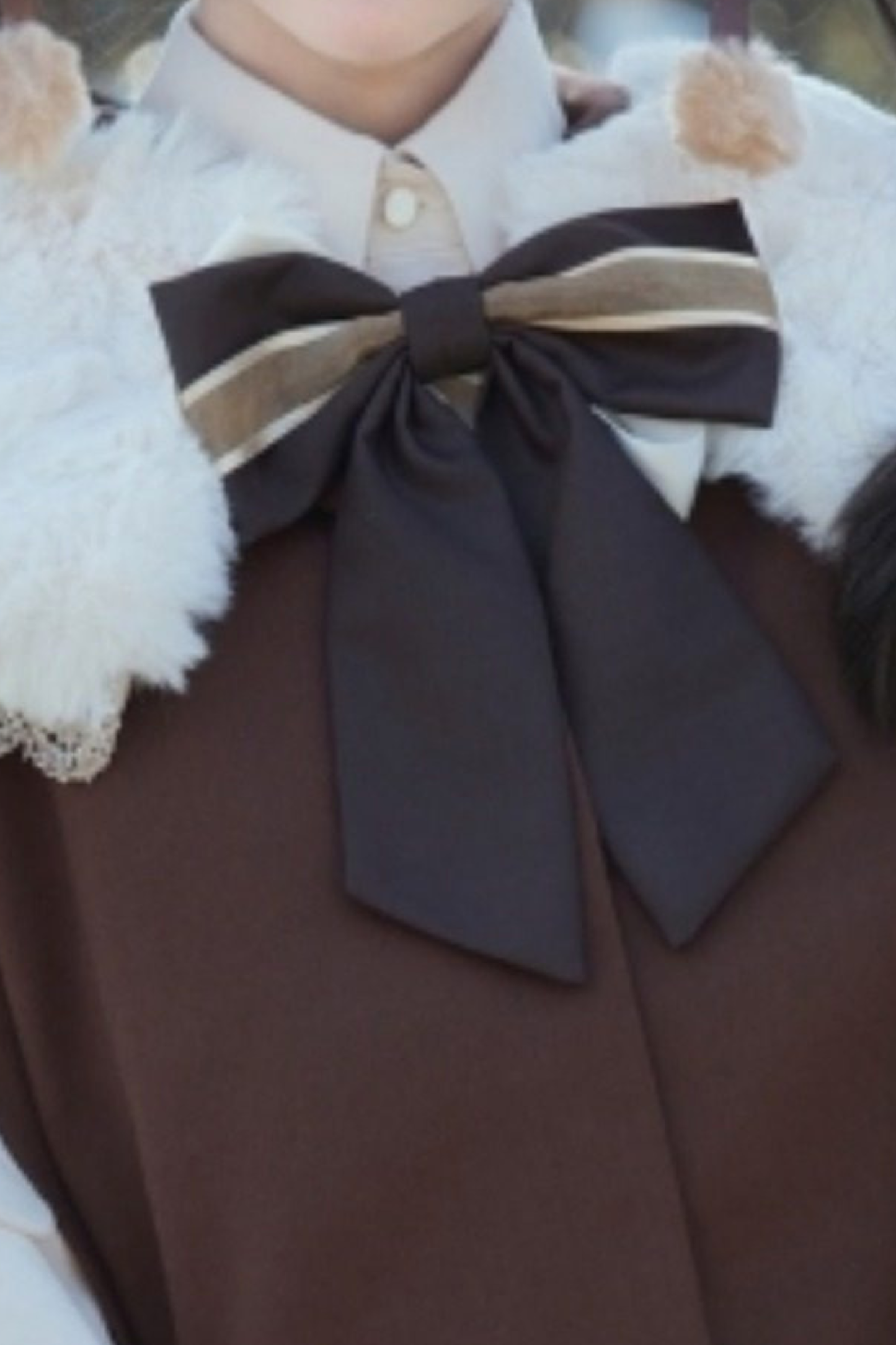Fur Collar Cape + Knit Vest + Shirt + Pleated Skirt + Ribbon