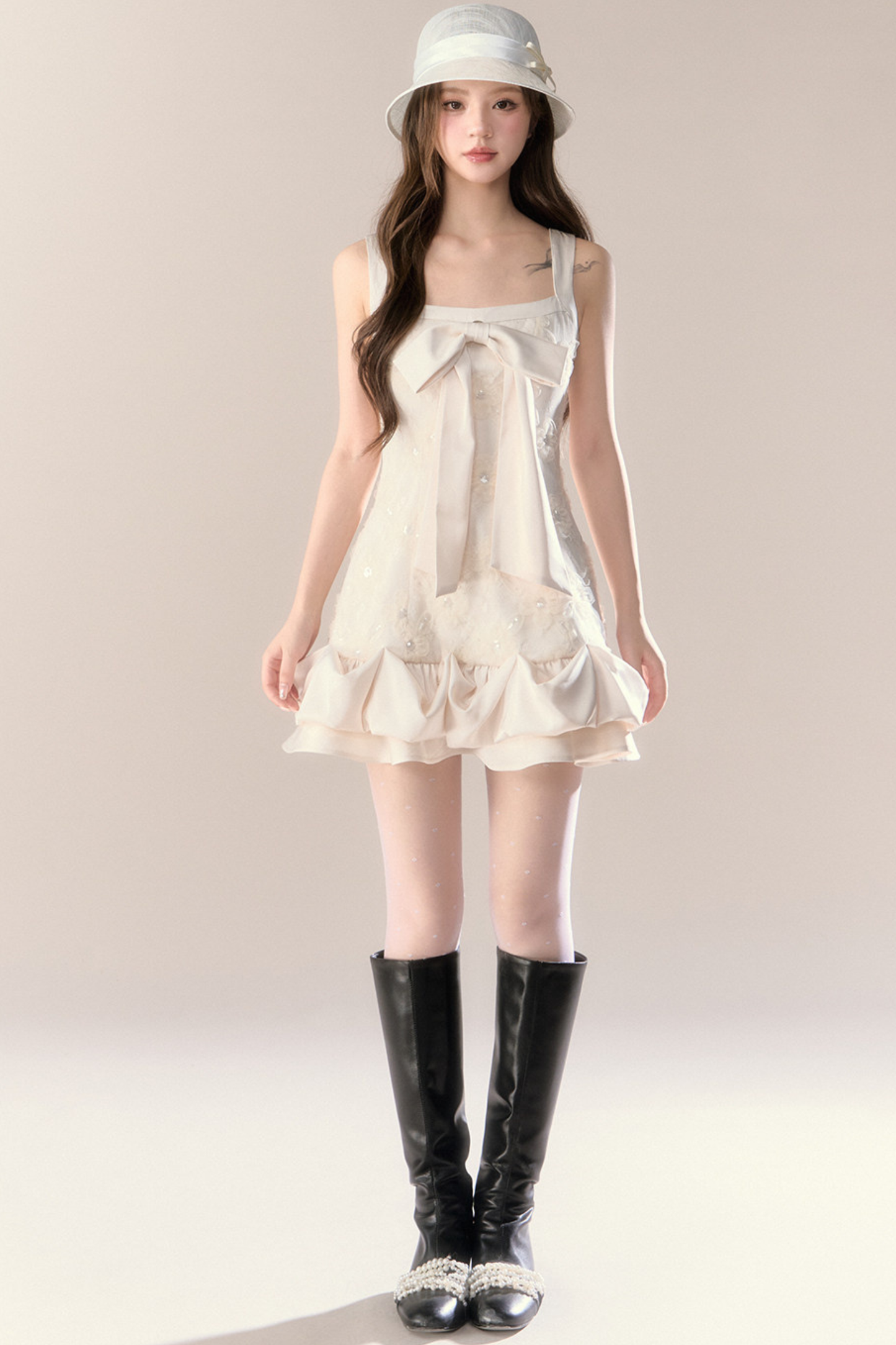 Ruffle Girly Pure Sleeveless Dress + Ribbon Cape