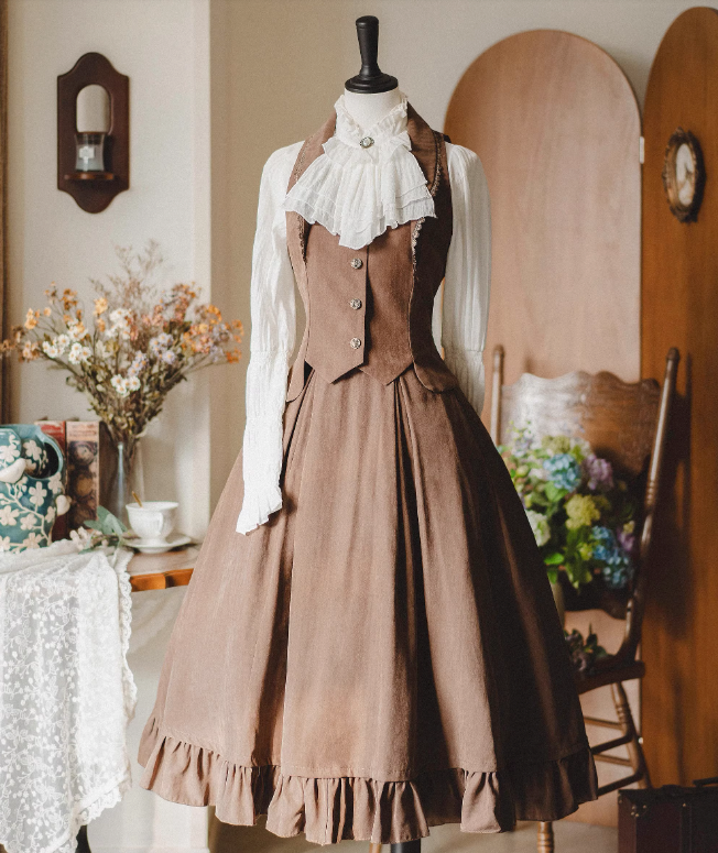 Classical Retro Blouse + Colored Vest + Flared Long Skirt
