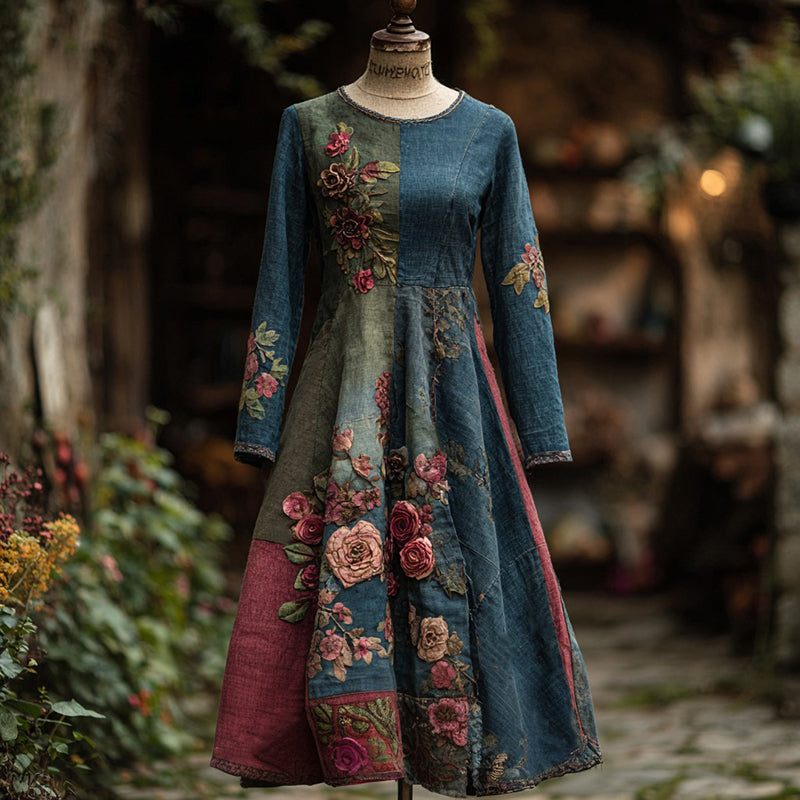 Women's Vintage Bohemian Floral Patchwork Round Neck Long Dress elevenforest