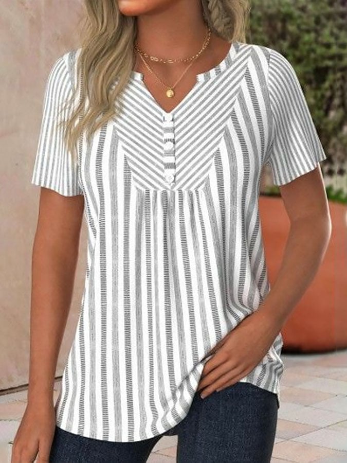 Women's Casual Contrast Stripe Print Short Sleeve Top