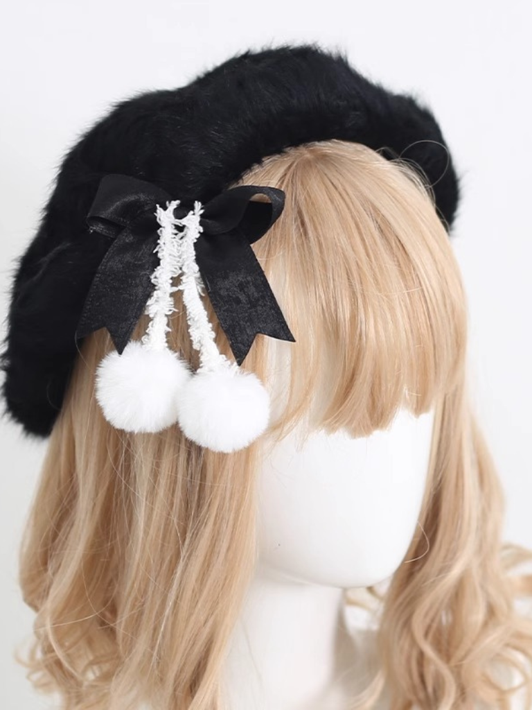 Cream Fur Ribbon Pom-pom Beret