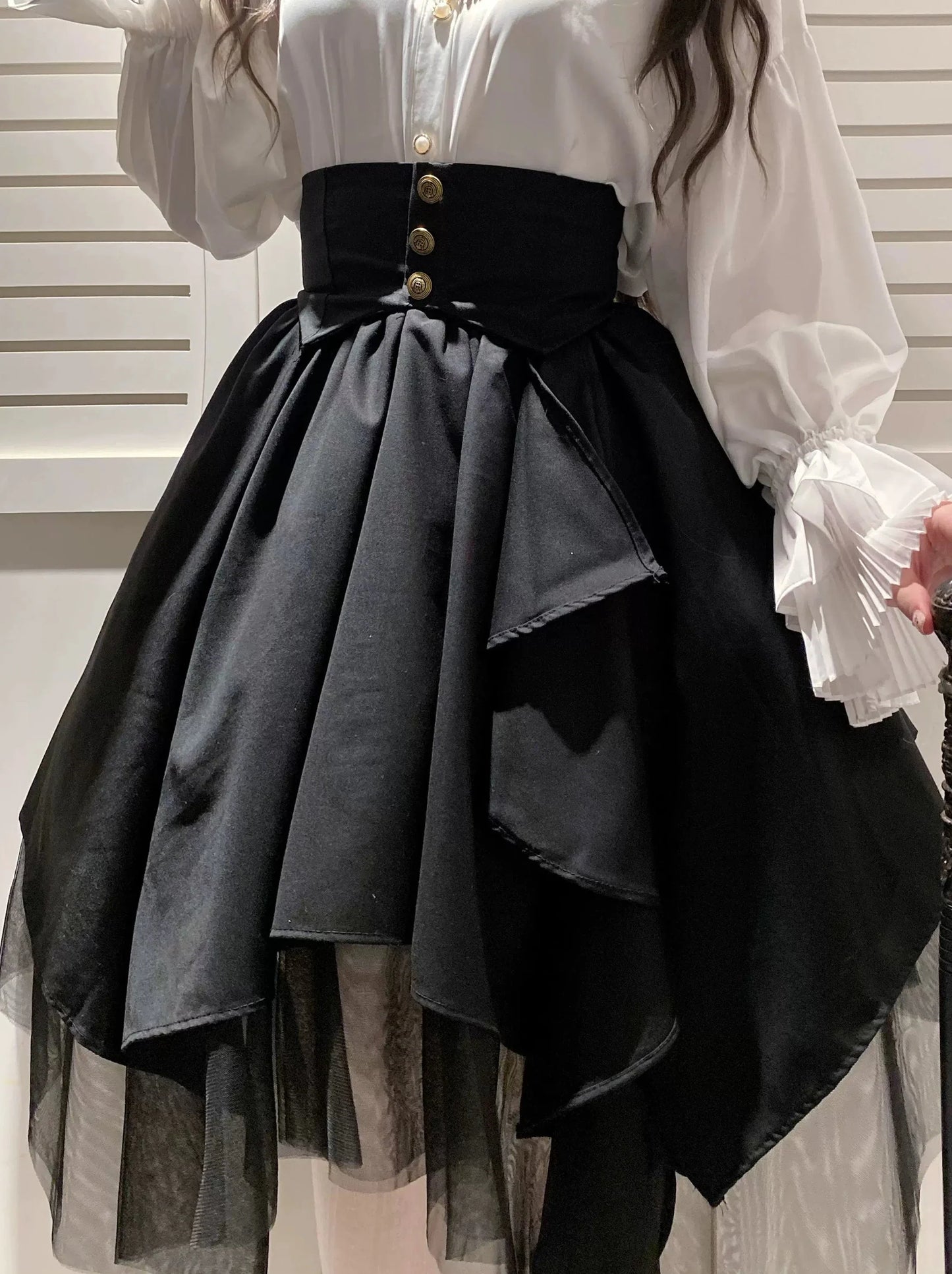 Retro Gothic Style Ribbon Tie Shirt + Irregular Tulle Skirt Suit