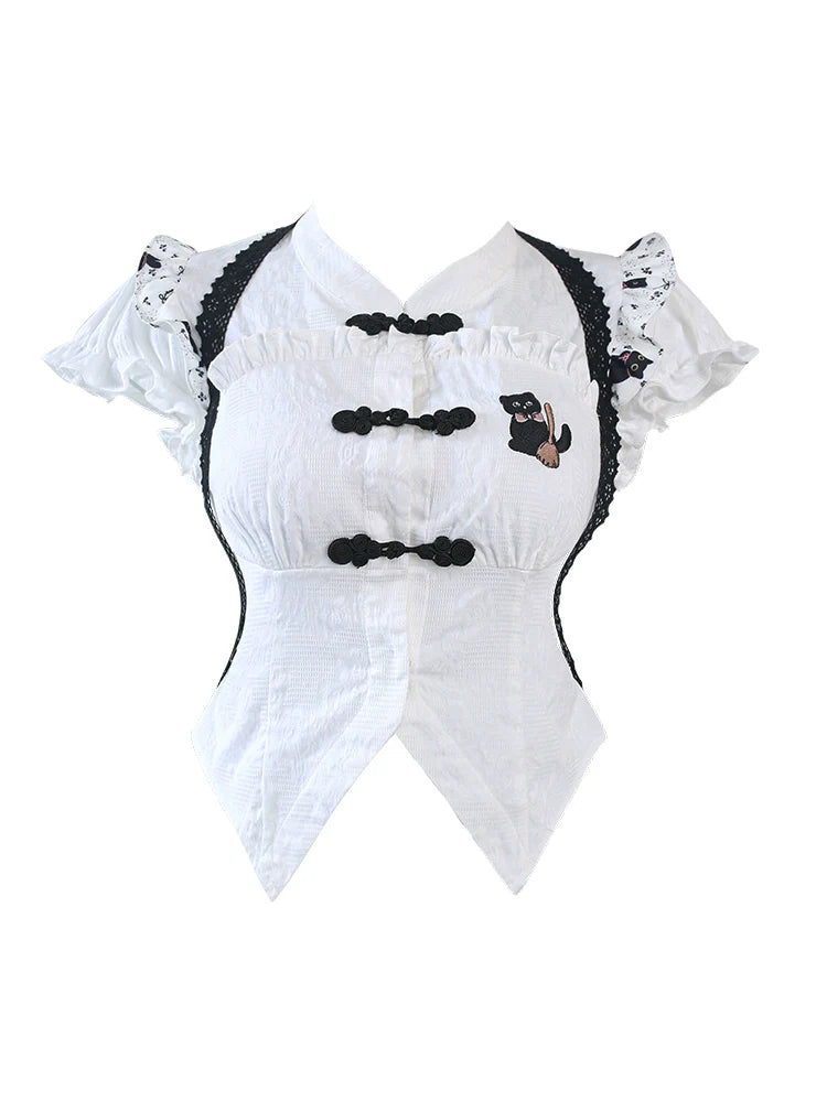 Black Cat Chinese-style Top + Slit Cat Skirt