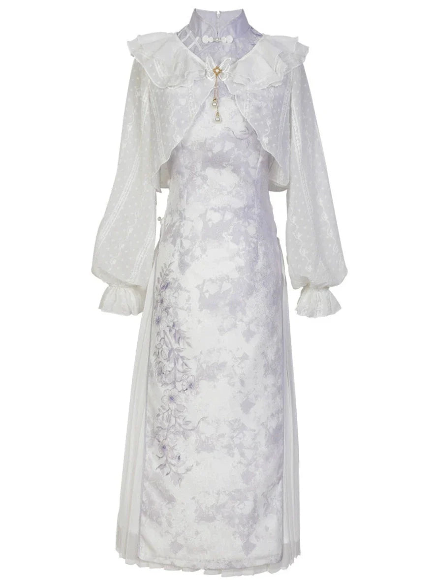 Light Purple Flower Chinese-style Dress + Ruffle Sheer Cardigan
