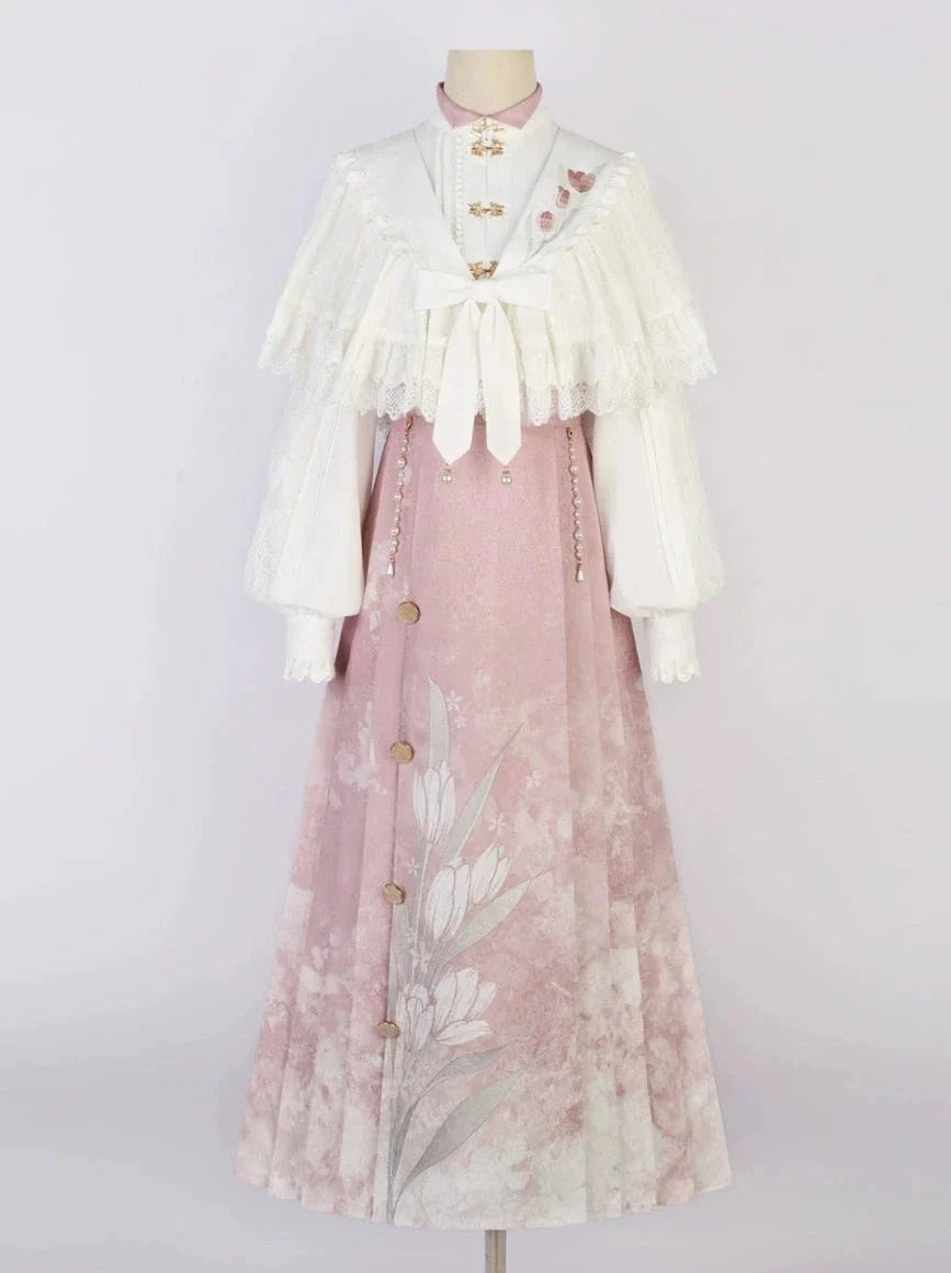 Sweet Chinese-style Blouse + Sweet Flower Pleated Skirt + Lace Ribbon Shawl