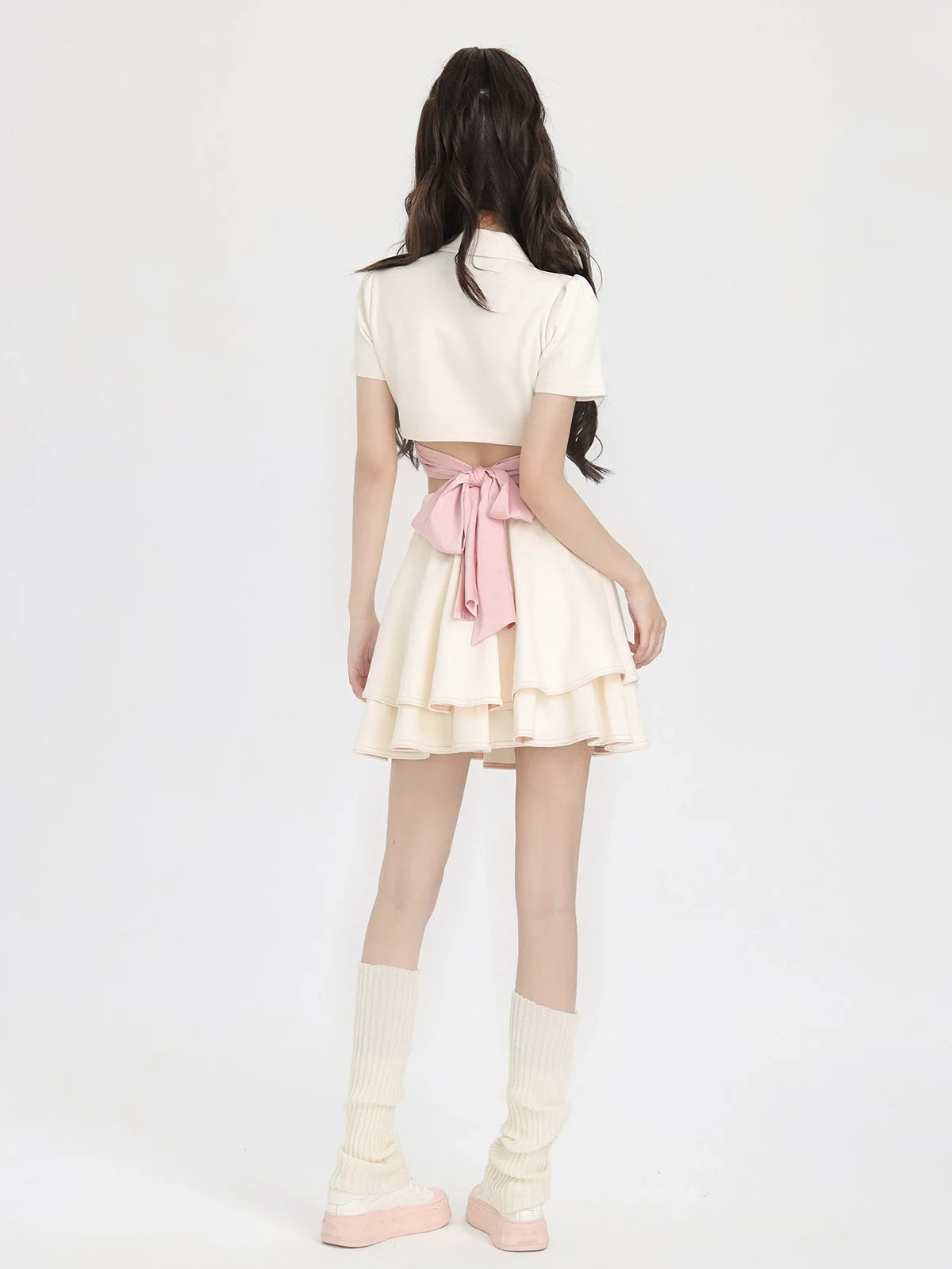 Back Ribbon Short Polo Collar Shirt + Ballet Style Skirt