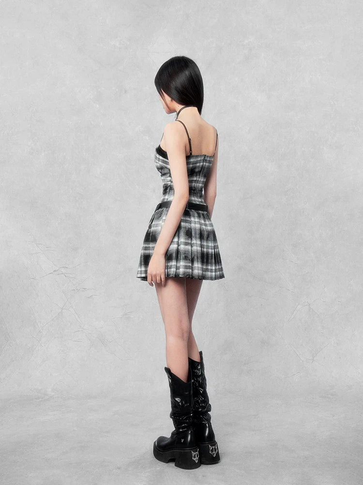 Center Lace-up Check Camisole Dress