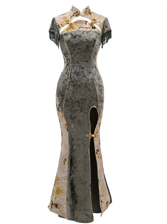 Dragon Festival Buckle Slim Mermaid Long Slit Cheongsam Dress