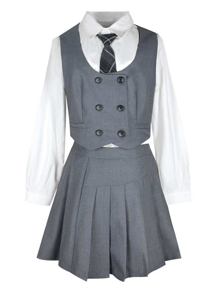 Plaid Necktie Shirt + Double-breasted Vest + Asymmetric Pleated Skirt