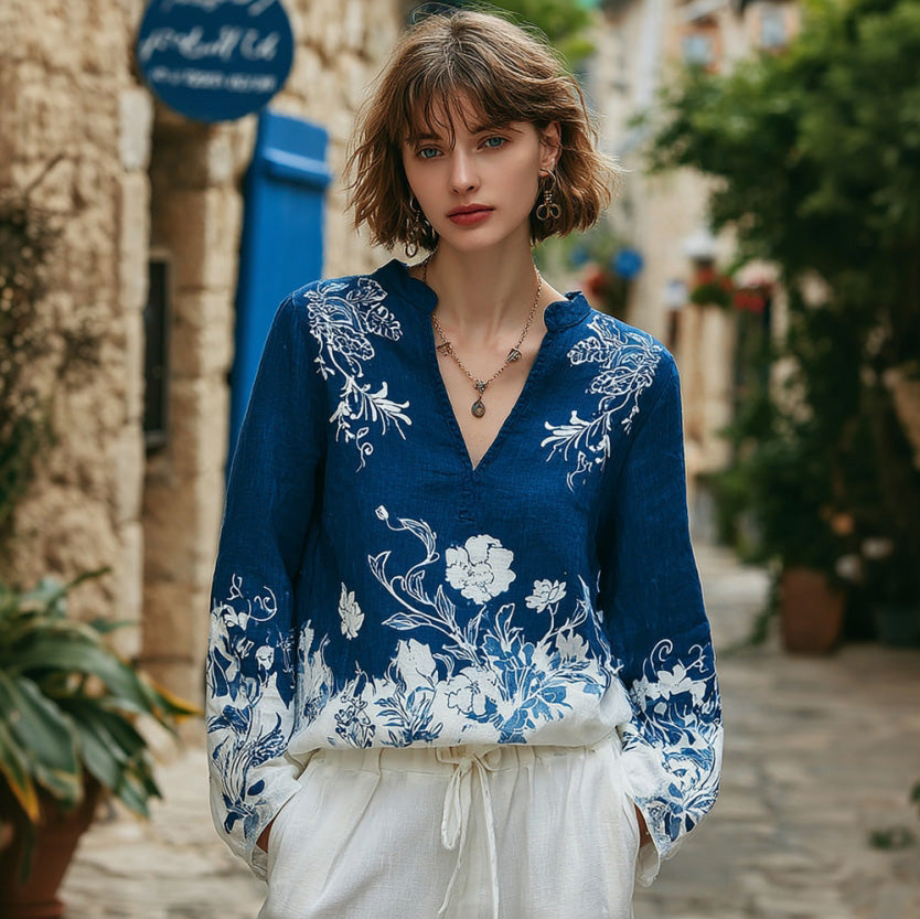 Women's Floral Pattern Linen V-neck T-shirt elevenforest