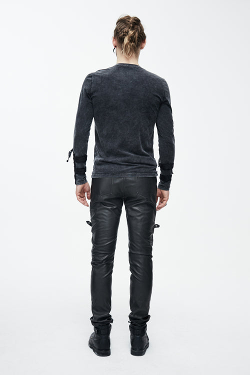 Black Faded Long Sleeves Lace Up Punk T-shirt