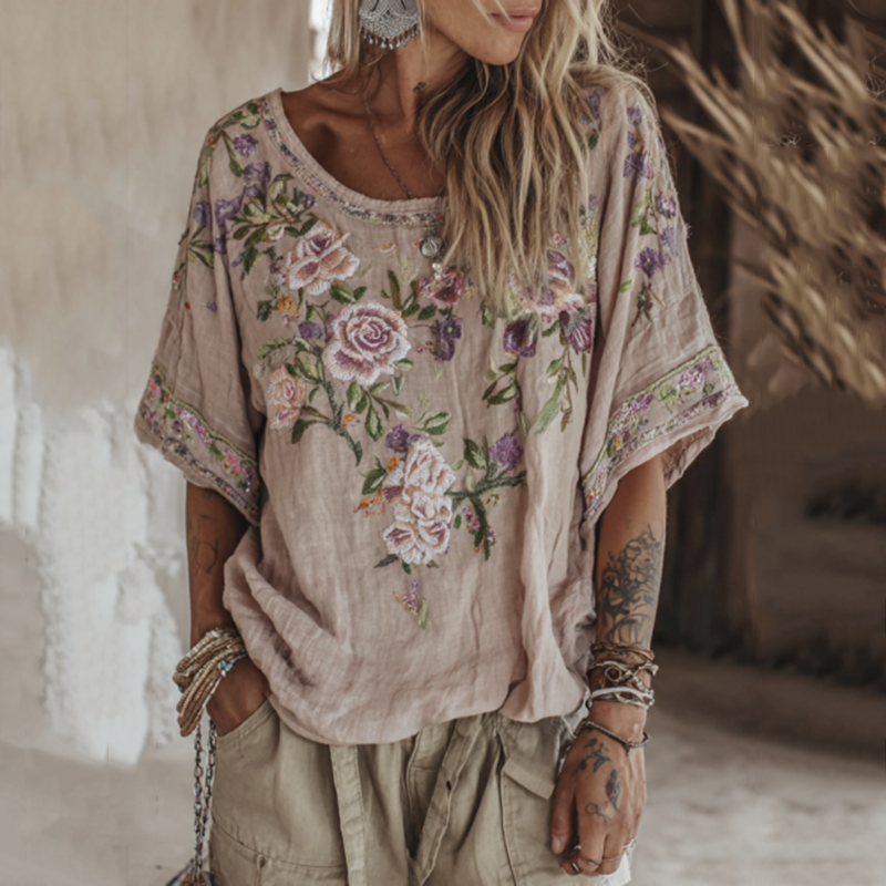 Vintage Purple Floral Embroidered Linen Short Sleeve Shirt elevenforest