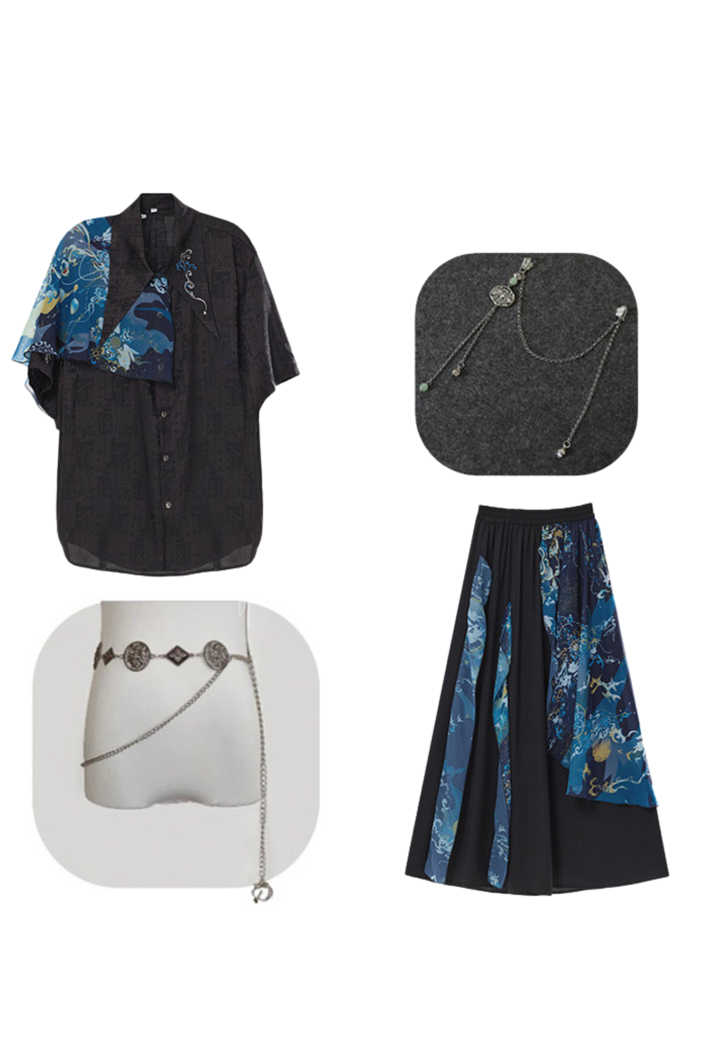 Dark Chinese-style Shirt + Wide Leg Pants + Chain + Belt