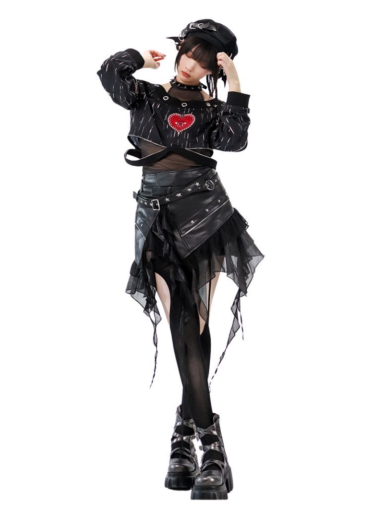 Punk Dark Heart Short Sweatshirt + Inner Top + Skirt + Hat + Necklace