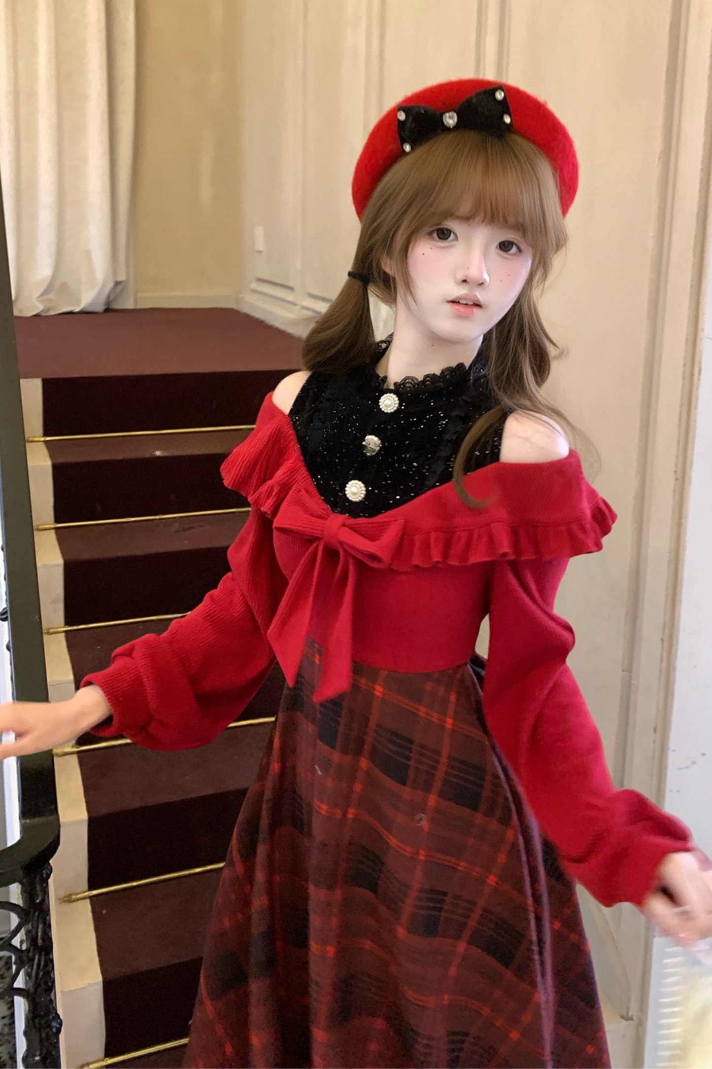 Retro Plaid Off Shoulder Dress