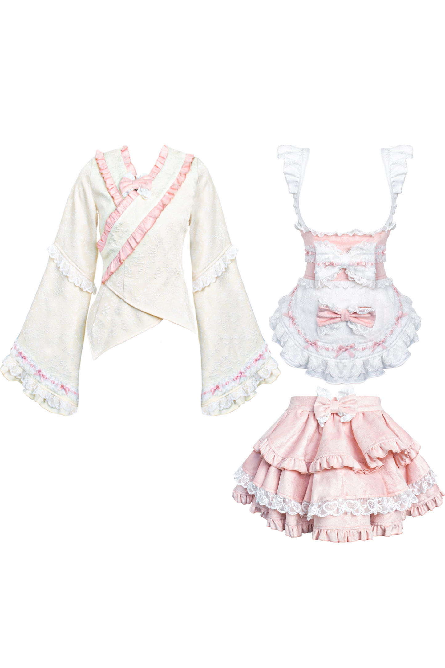 Cherry Blossom Japanese Style Top + Ribbon Girdle Apron + Pink Lace Tiered Skirt