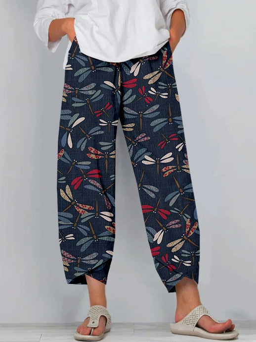 Traditional Colorful Dragonfly Japanese Art Cropped Casual Pants elevenforest