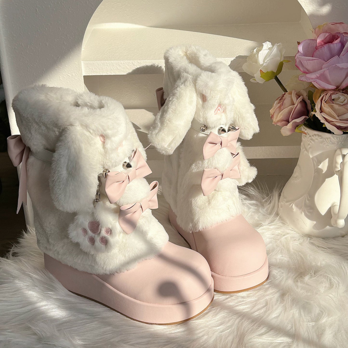 Thick-soled Boots With Rabbit-ear Fur Ribbon
