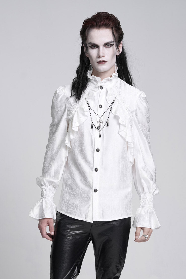 White Stand Collar Long Sleeves Ruffle Lace Cross Gothic Blouse