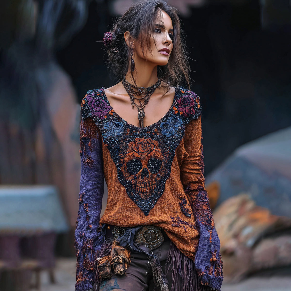 Rose Skull Contrast Round Neck T-shirt elevenforest