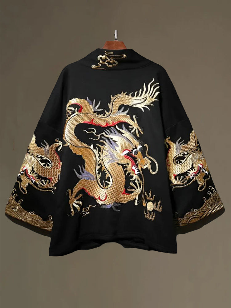 Men's Vintage Japanese Art Dragon Embroidery Print Coat elevenforest