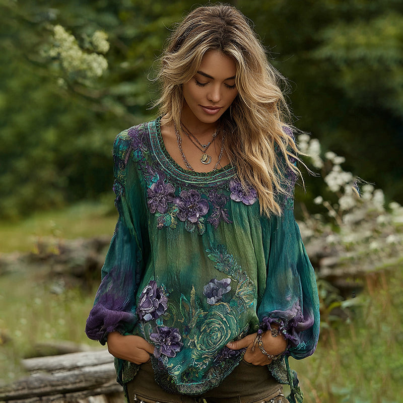 Classy Gradient Purple Lavender And Floral Embroidered Linen Long Sleeve Shirt elevenforest