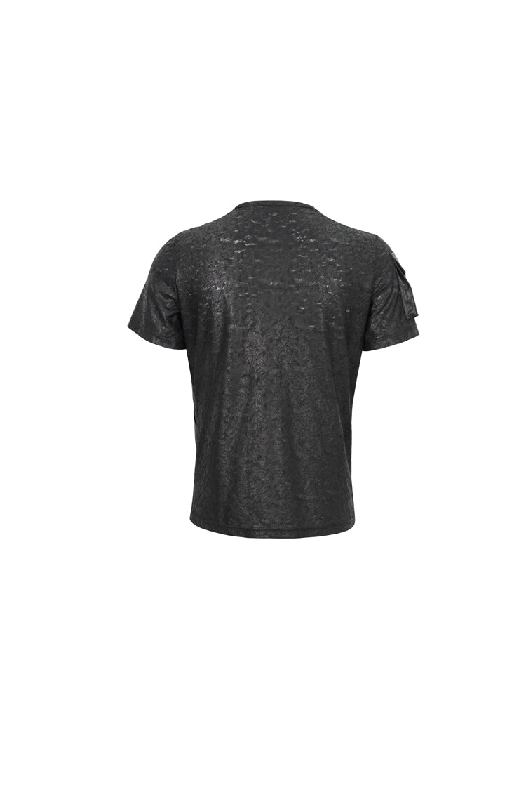 Black Print Buckle Splice Faux Leather Punk T-shirt