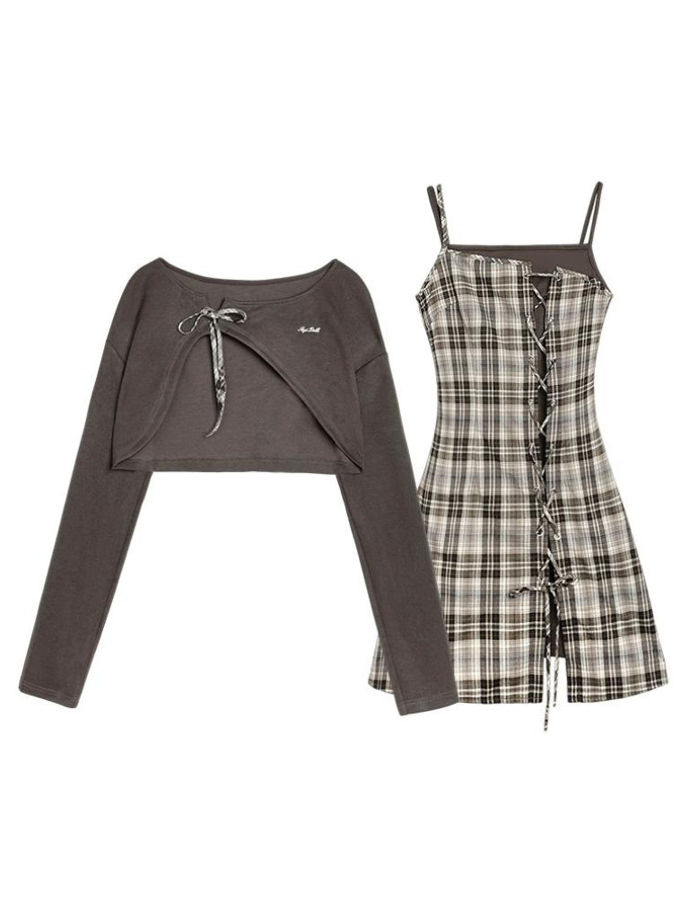 Logo Sweat Top + Plaid Lace Up Camisole Dress