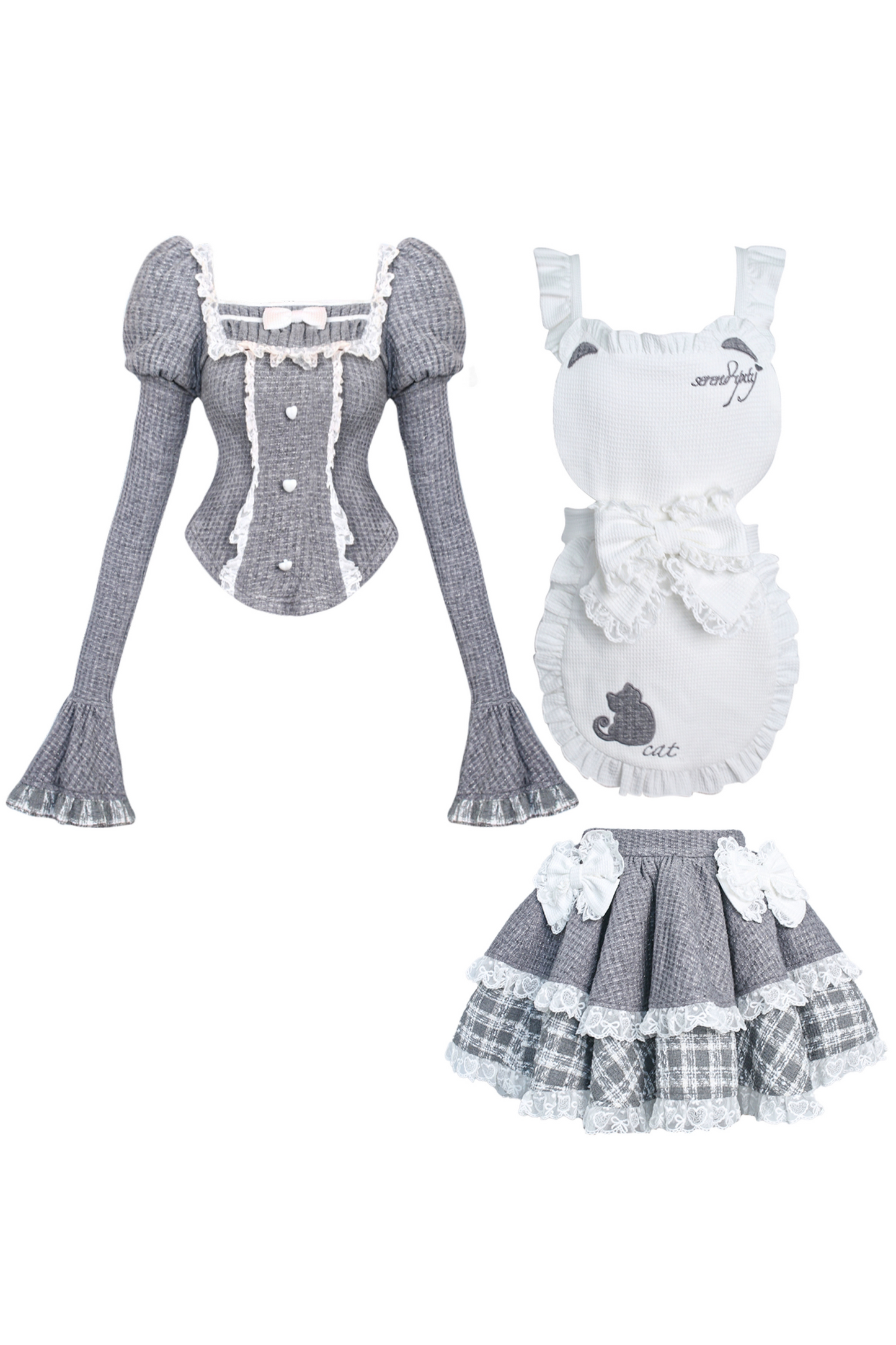 Puff Sleeve Top + Kitten Embroidered Apron + Tiered Skirt