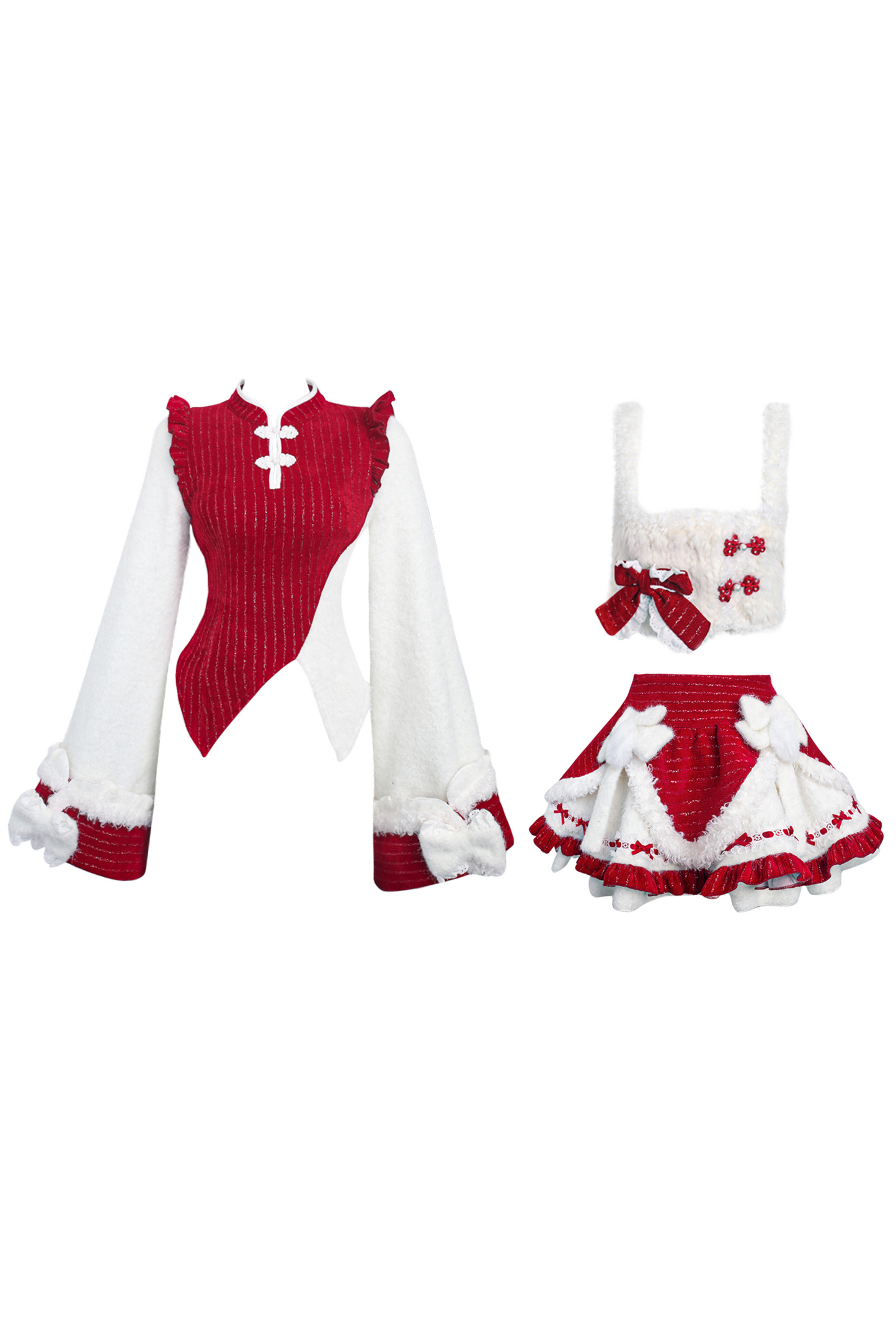 Fur Chinese-style Design Vest + Red Chinese-style Top + Flare Short Skirt
