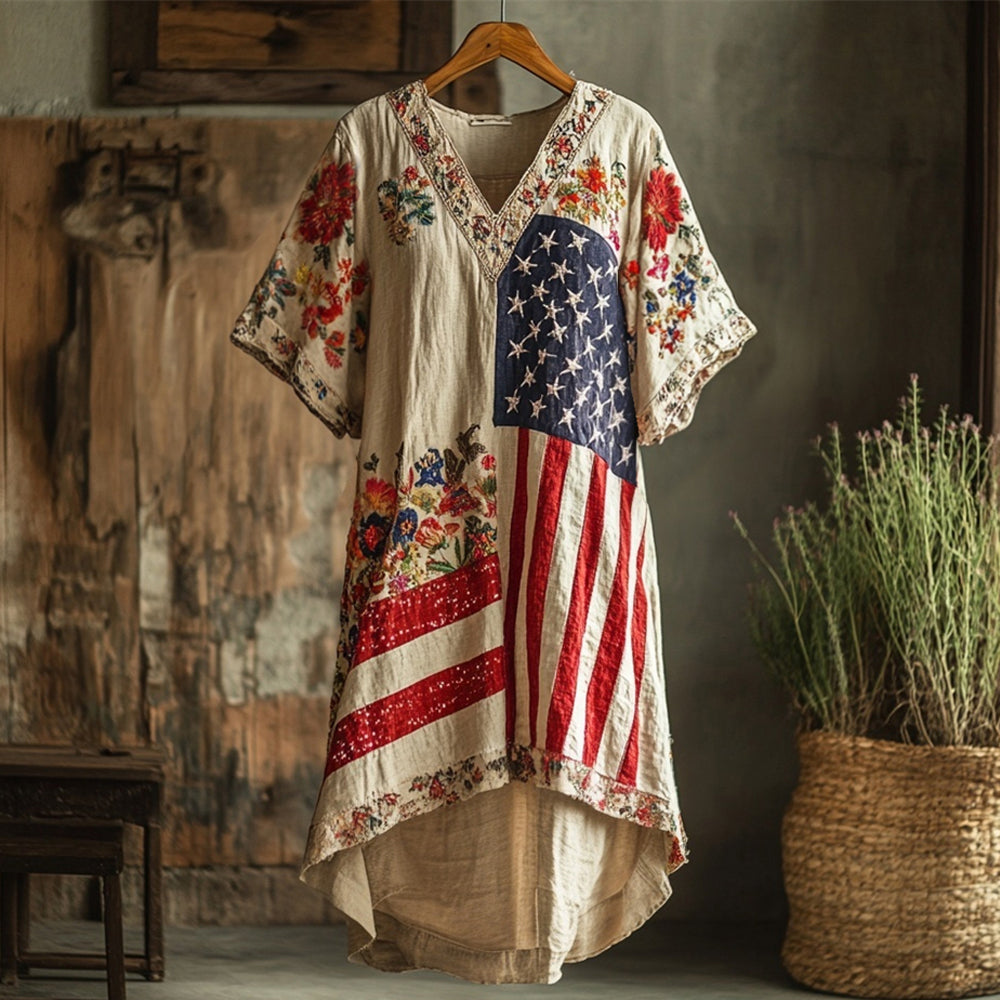 Independence Day Boho Floral Embroidery Women's Linen Short Sleeve Maxi Dress elevenforest
