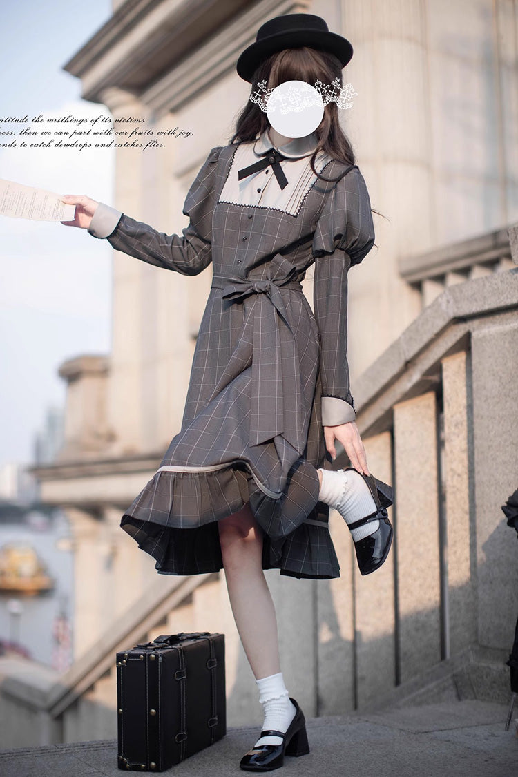 Grey Plaid Print Ruffle Bowknot Classic College Style Lolita Dress