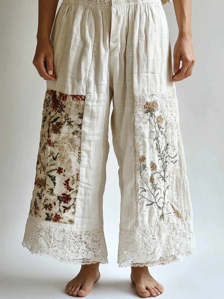 Lace Floral Embroidery Patchwork Women's Linen Pants elevenforest