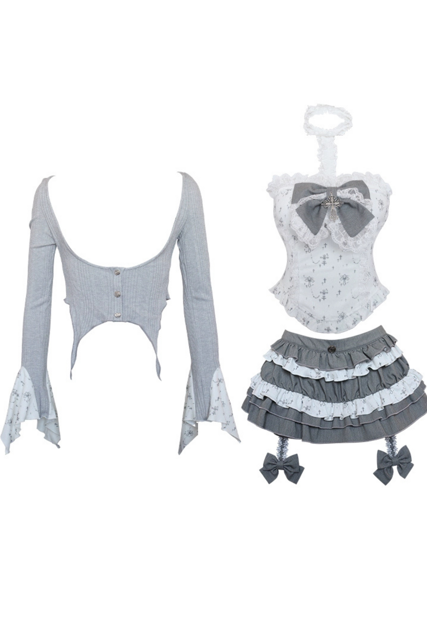 Dream Broken Galaxy Cross Tube Top + Gray Knit Cardigan + Gray Tiered Skirt