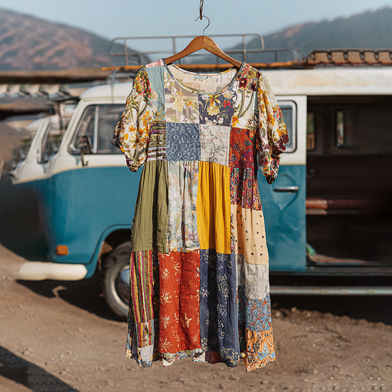 Countryside Style Collection Classy Patchwork Floral Pattern Art Linen Midi Dress elevenforest