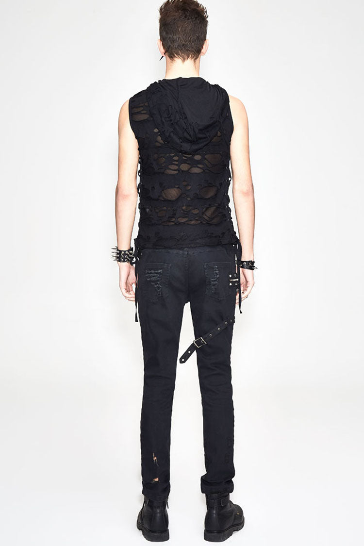 Black Sleeveless Ripped Side Ribbons Lace-up Hooded Punk T-shirt