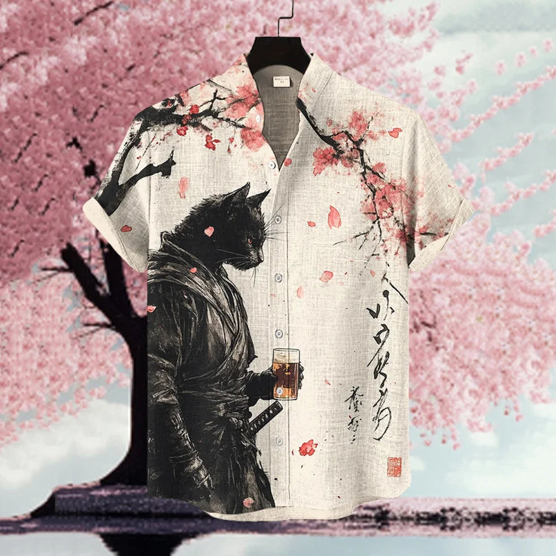 Men's Black Cat Warrior Under The Cherry Tree Art Print Casual Shirt elevenforest