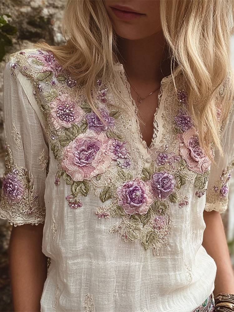 Bohemian Lace Floral Embroidery Women's Linen V-neck Short Sleeve Shirt elevenforest