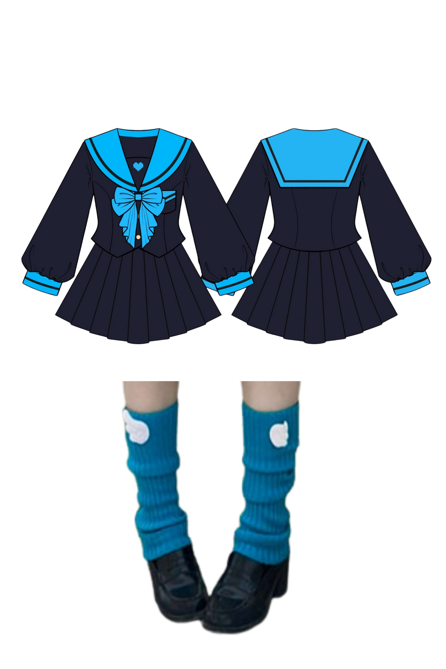 Animation Heroine Sailor Top + Pleated Skirt + Leg Covers