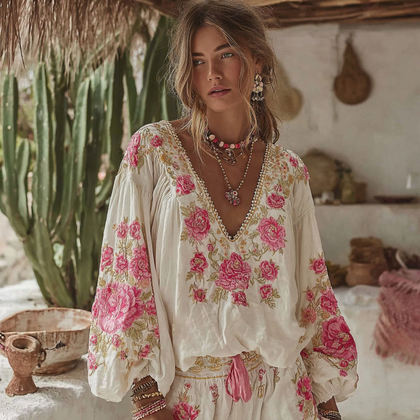 Vintage Floral Art Embroidery Linen V-neck Long Sleeves T-shirt elevenforest