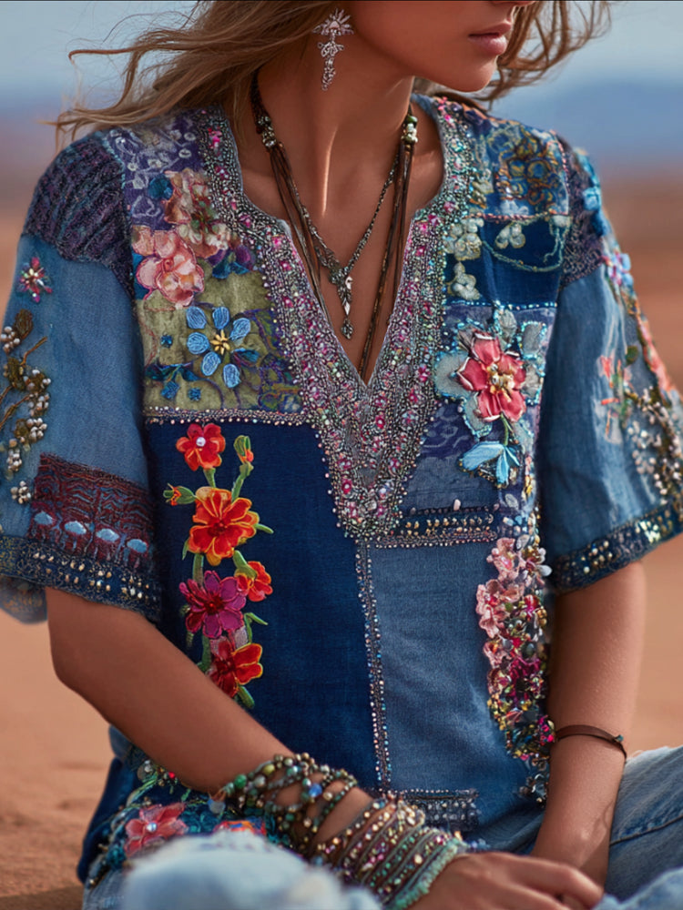 Bohemian-style Three-dimensional Multi-colored Floral Patchwork V-neck Short-sleeved Shirt elevenforest